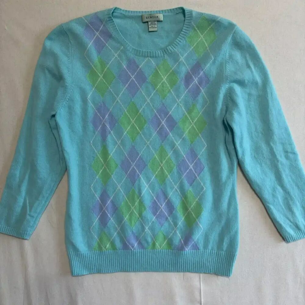 Geneva Cashmere Argyle Aqua Sweater Y2K Preppy Pastel Knit Large